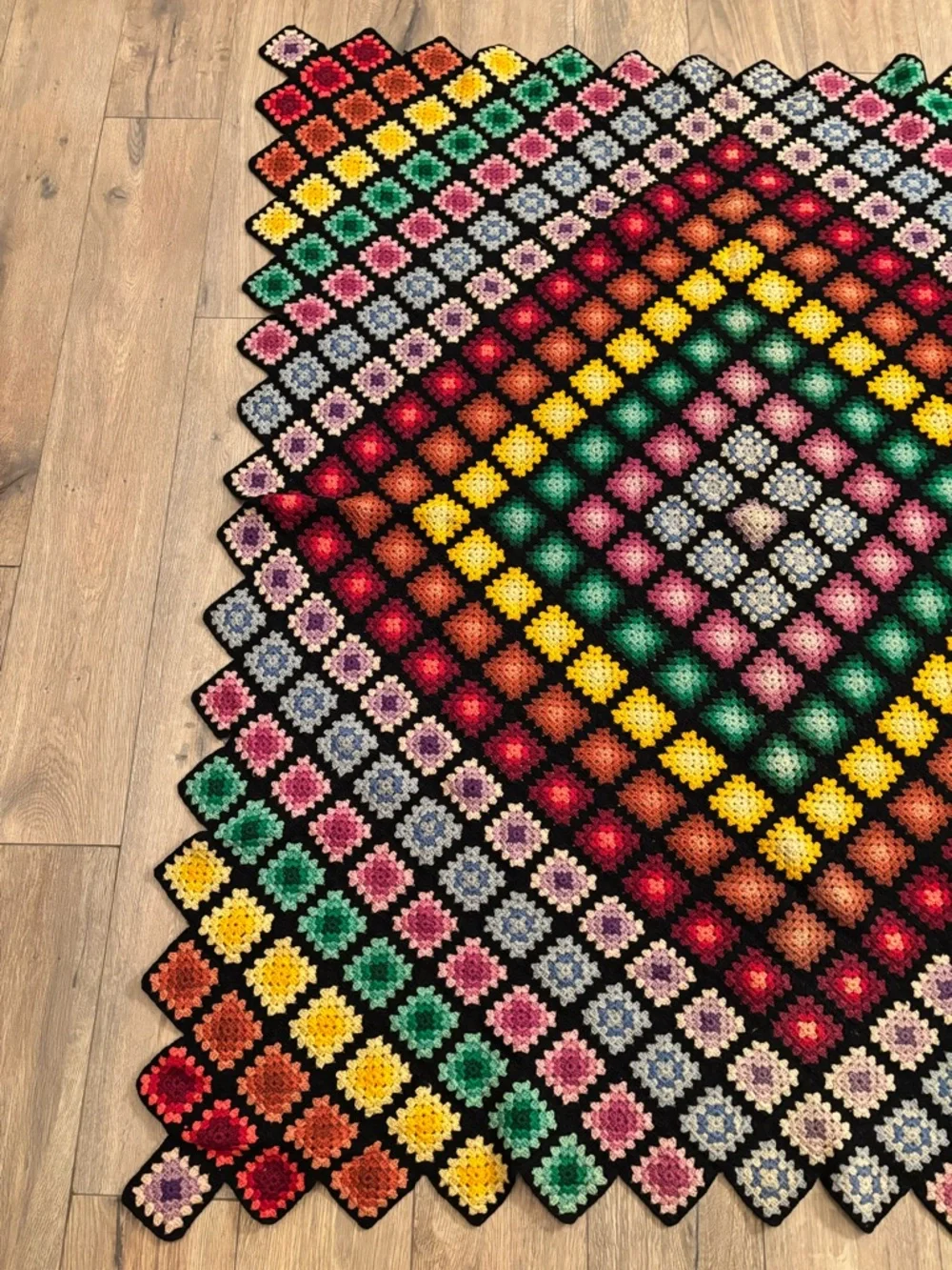 Vintage Hand Crocheted Granny Square Afghan 60x70 Jewel Tone Wool Blanket